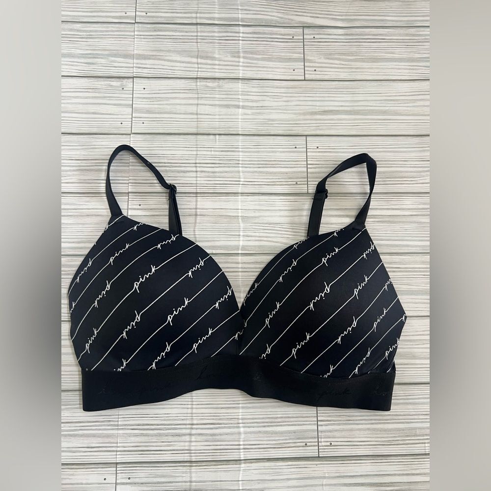 PINK Victoria's Secret Black Bra with White Script Size 36C